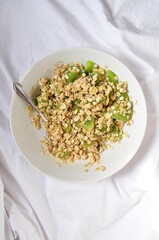 a plate of delicious oatmeal with green kiwi in the morning
