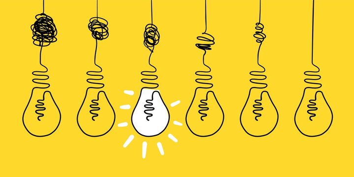 Simplifying complex process concept. Doodle lightbulb on yellow background, unclear idea abstract curve drawing. Vector art
