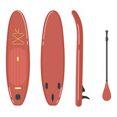 SUP Board - Vector Flat llustrations Set. Different View and Paddle.