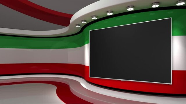 TV studio. Iran. Iranian flag. News studio.  Loop animation. Background for any green screen or chroma key video production. 3d render. 3d 