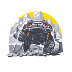 Illustration of an off-road red car overcoming difficult obstacles in the mountains. Can be used for printing on T-shirts. © slava