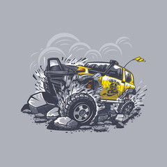 Off-road car on a gray background fights with obstacles from stones in the mountains. Can be printed on T-shirts. © slava
