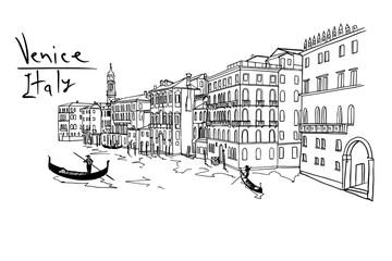 Vector sketch of scene in Venice with channel, gondola and architecture. © phant