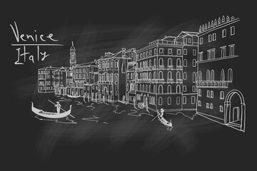 Vector sketch of scene in Venice with channel, gondola and architecture. © phant