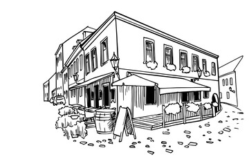 Hand drawn ink line sketch of european street