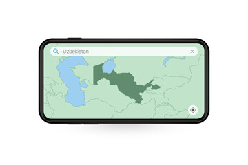 Searching map of Uzbekistan in Smartphone map application. Map of Uzbekistan in Cell Phone.
