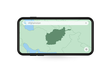 Searching map of Afghanistan in Smartphone map application. Map of Afghanistan in Cell Phone.
