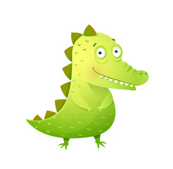 Funny baby crocodile with cute face. Kids and childhood croc or alligator mascot for boys and girls, baby animal cute nursery art. Vector design in watercolor style.