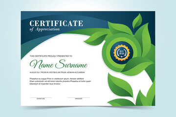 Modern environmental certificate template with green leaves 