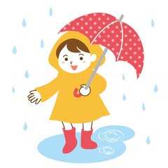 雨の中レインコートを着て傘をさす女の子のイラスト/白背景