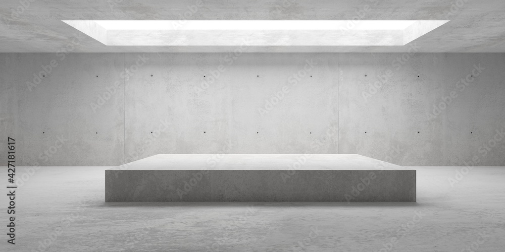 Poster empty modern abstract concrete room with elevated cubical platform in the center and opening in the 