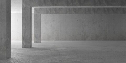 Abstract empty, modern concrete room with pillars and indirect light from the left wall and rough floor - industrial interior background template