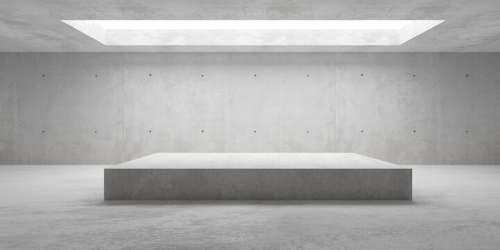 Empty modern abstract concrete room with elevated cubical platform in the center and opening in the ceiling, product presentation template background