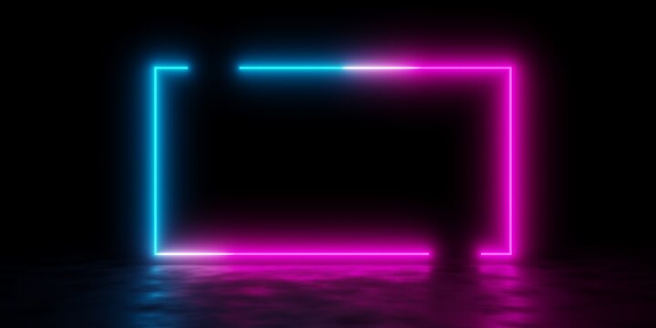 Modern Futuristic Abstract Blue, Red And Pink Neon Glowing Light Open Frame Design In Dark Room Background