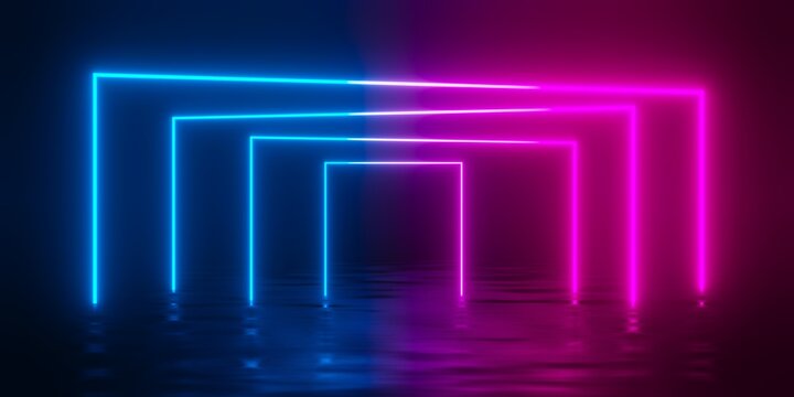 Multiple modern futuristic abstract blue, red and pink neon glowing light rectangle gates or frames rotated in dark room background with reflective floor