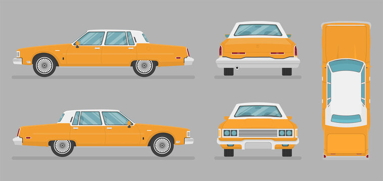 Vector sedan auto. Black car from different sides. Side view, front view, back view, top view. Cartoon car in flat style.