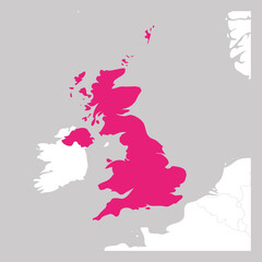 Obraz premium Map of United Kingdom of Great Britain and Northern Ireland pink highlighted with neighbor countries