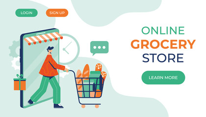 Online grocery store concept. Man with groceries coming out of smartphone. Trendy flat style. Vector illustration. Landing page.