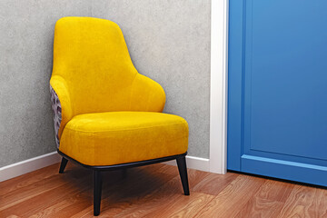 Yellow cozy armchair in modern interior room