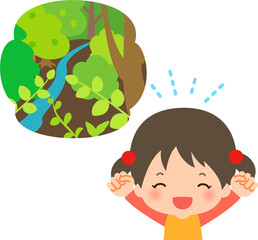 伸びをする女の子と森林のイメージ