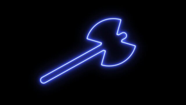 Linear neon animation of blue double axe on black background. Motion graphic, 4K video