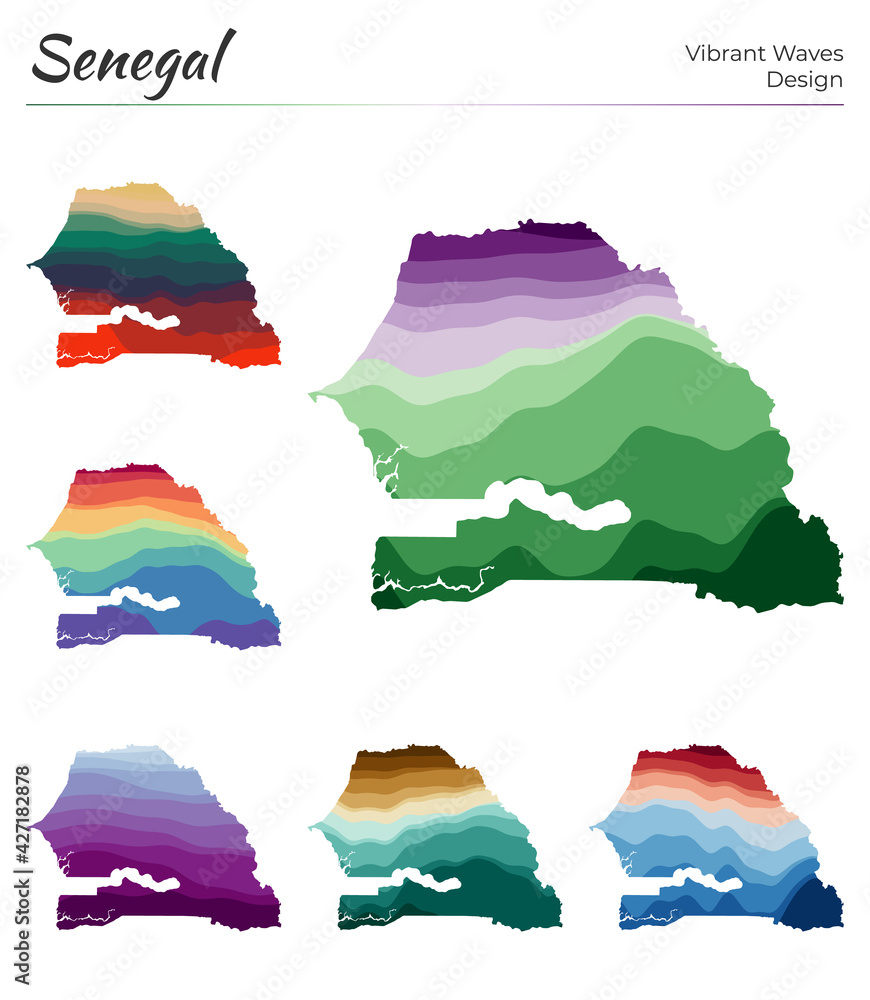 Poster set of vector maps of senegal. vibrant waves design. bright map of country in geometric smooth curve