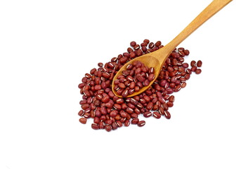 Azuki Bean or Red Bean Seeds in a wooden spoon isolated on white background