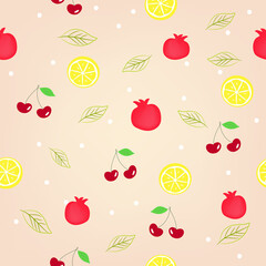 seamless pattern with fruits, pink background, vector drawing