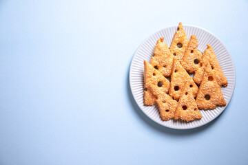 Parmesan savory cookies with rosemary. Salty cheese cookies. Healthy snack. trendy background image. top view, copy space, flat lay