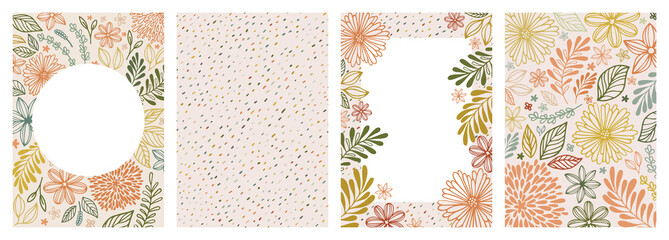 Set of universal hand drawn floral template for cover. Home decor, backgrounds, cards. Children abstract and floral design in doodle style. Vector illustration and seamless pattern