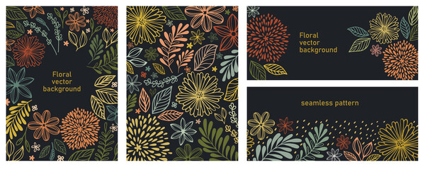 Vector illustration and seamless pattern in warm colors. Children abstract drawing floral in doodle style. Set of universal hand drawn floral template for cover, home decor, backgrounds, cards.  - obrazy, fototapety, plakaty