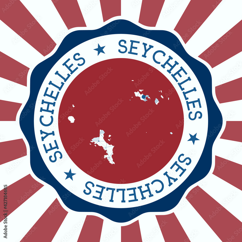 Aufkleber seychelles badge. round logo of island with triangular mesh map and radial rays. eps10 vector.