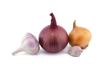 Red, yellow onion and garlic in close view