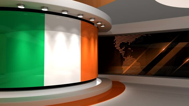 TV studio. Hungary. Hungary flag. News studio.  Loop animation. Background for any green screen or chroma key video production. 3d render. 3d 