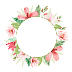 Watercolor frame with pink flowers and green leaves