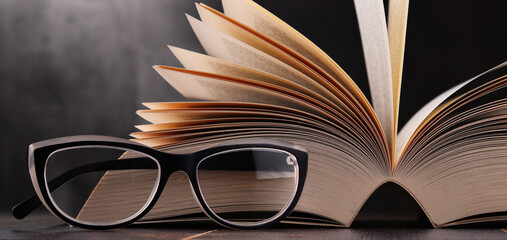 Composition with open book and glasses on the table