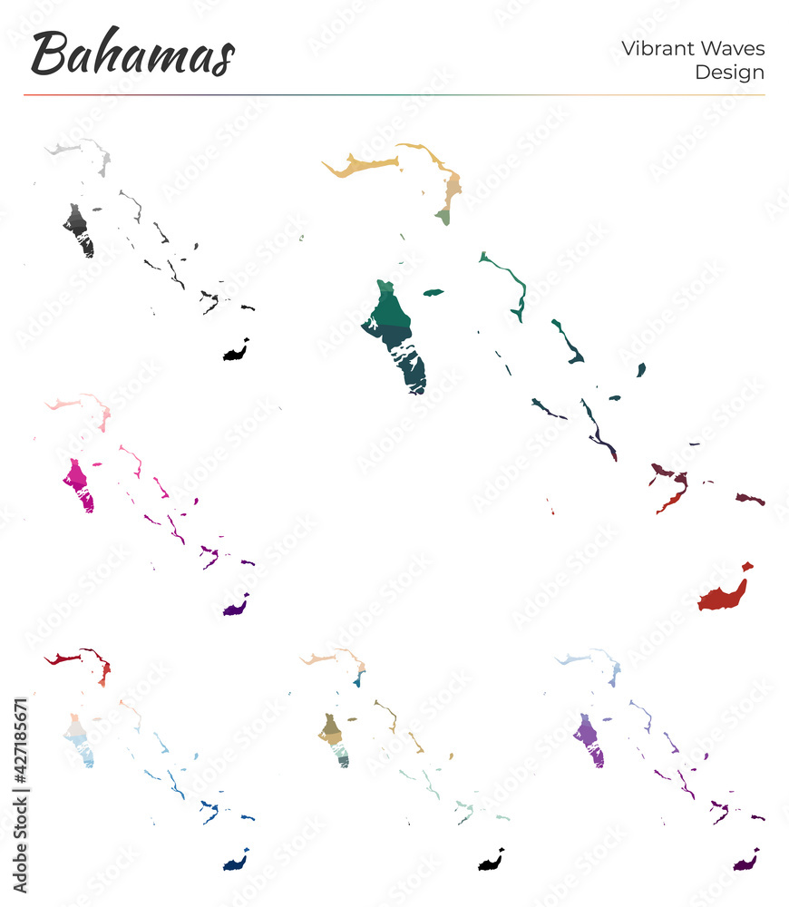 Poster set of vector maps of bahamas. vibrant waves design. bright map of country in geometric smooth curve