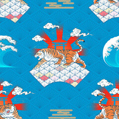 Seamless Art Japanese Repeat Pattern Colorful Theme Double Tiger Walking on Curve Land with Colorful Bush Pattern with Windy Line, Clouds on  Diamond Pattern Blue Background Design for Wrapping Paper