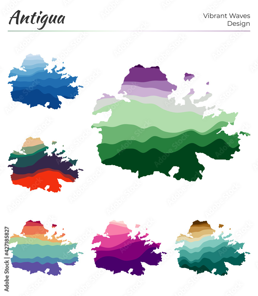 Poster set of vector maps of antigua. vibrant waves design. bright map of island in geometric smooth curves