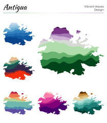 Set of vector maps of Antigua. Vibrant waves design. Bright map of island in geometric smooth curves style. Multicolored Antigua map for your design. Cool vector illustration.