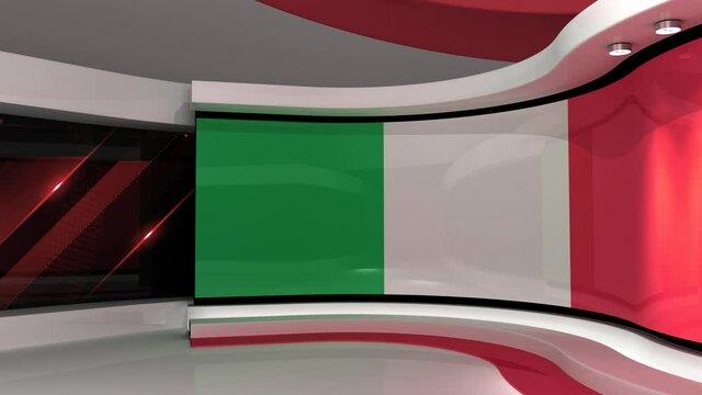 TV studio. Italy. Italian flag. News studio.  Loop animation. Background for any green screen or chroma key video production. 3d render. 3d 
