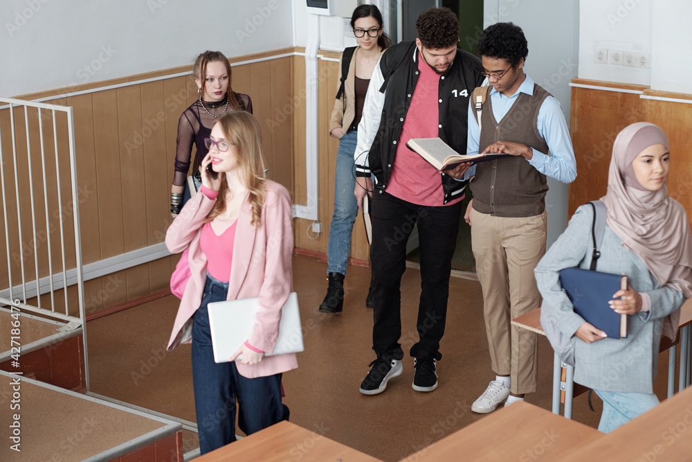 Poster group of intercultural students of contemporary university or college entering lecture hall or audit