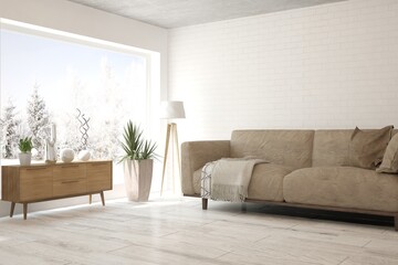 White living room with sofa and winter landscape in window. Scandinavian interior design. 3D illustration