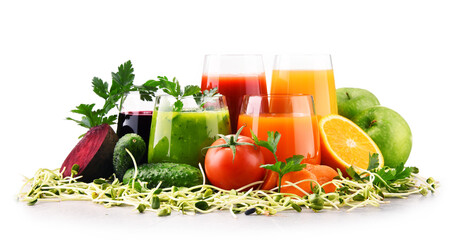 Glasses with fresh organic vegetable and fruit juices