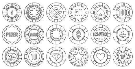 Casino chips vector outline set icon. Vector illustration vegas game on white background. Isolated outline set icon casino chips.