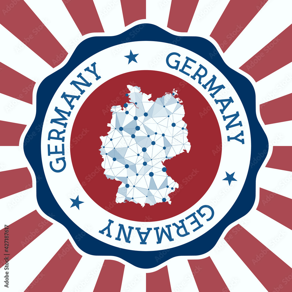 Poster germany badge. round logo of country with triangular mesh map and radial rays. eps10 vector.