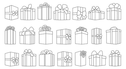Fototapeta premium Giftbox outline vector set illustration of icon.Isolated collection illustration outline of box gift on white background.Vector set icon of giftbox for present .
