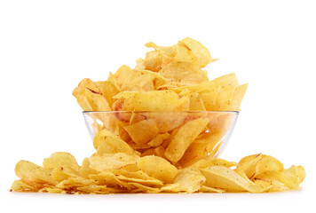 Bowl of potato chips isolated on white background