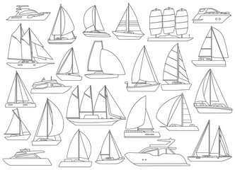 Sail yacht vector outline set icon. Vector illustration sailboat on white background. Isolated outline set icon sail yacht.
