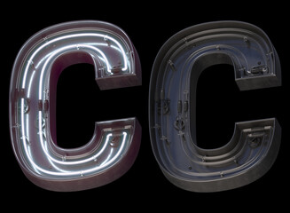 Metal neon font with On and Off. Letter C. 
